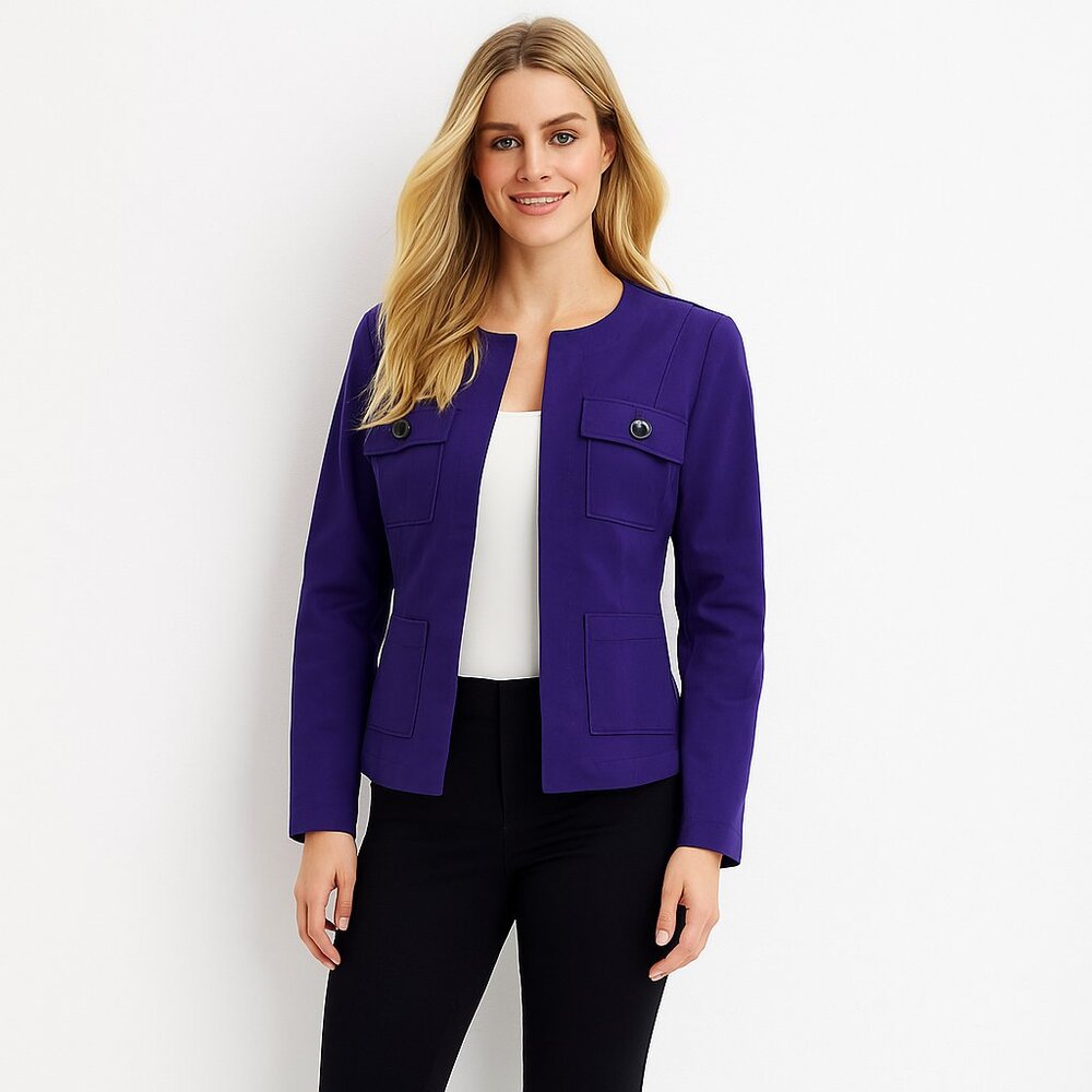 NWT White House Black Market Long Sleeve Collarless Jacket Deep Amethyst #WHBM15